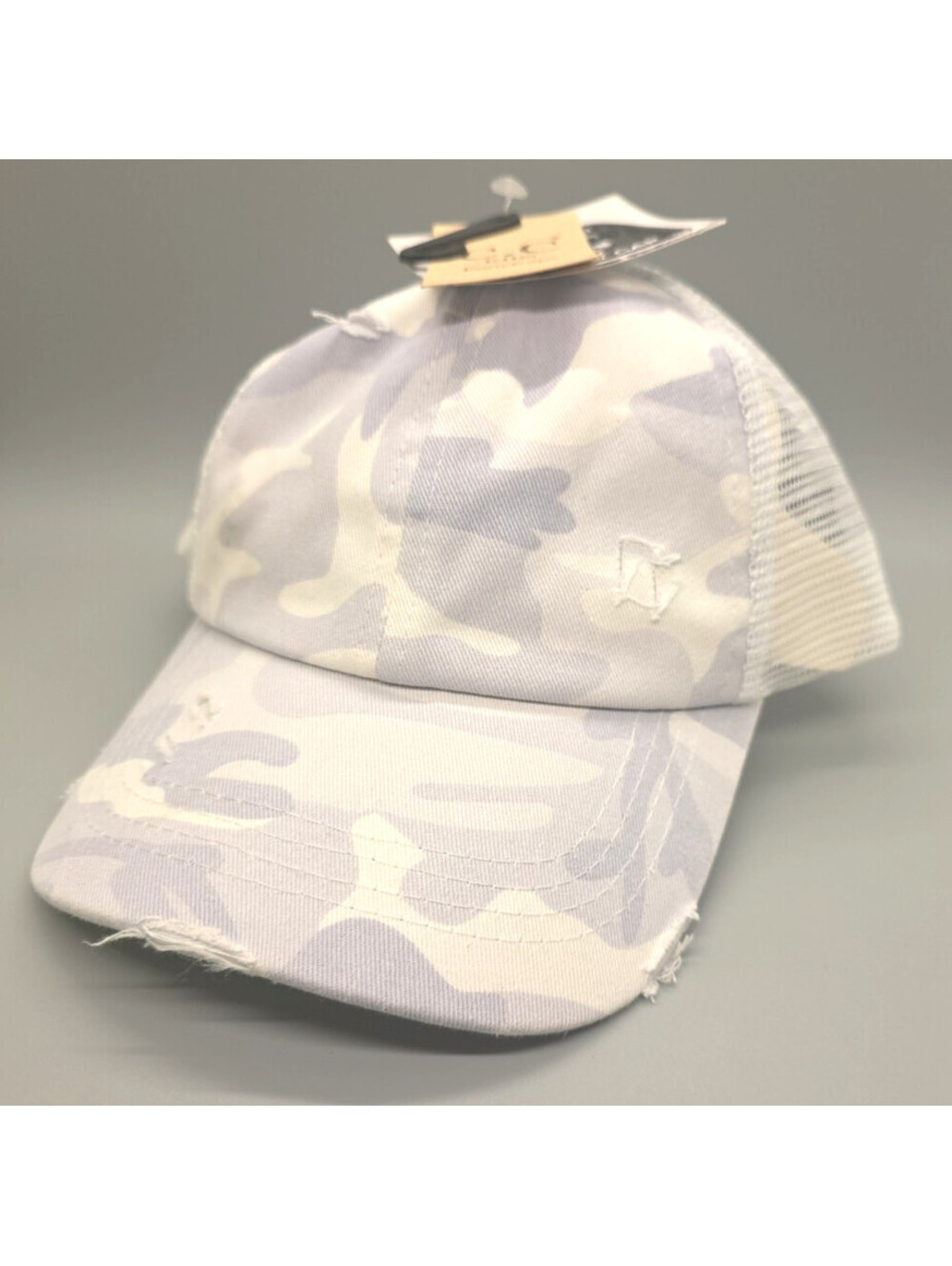 C.C. Kids Baseball Cap Strapback Hat White Camouflage Ponytail Back Distressed